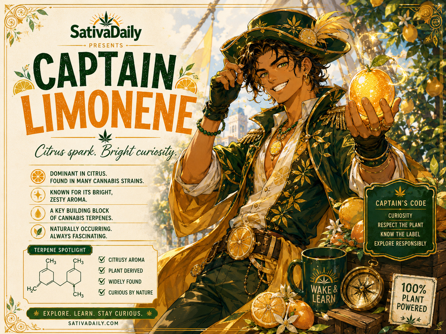 Captain Limonene character poster with citrus spark and bright curiosity.