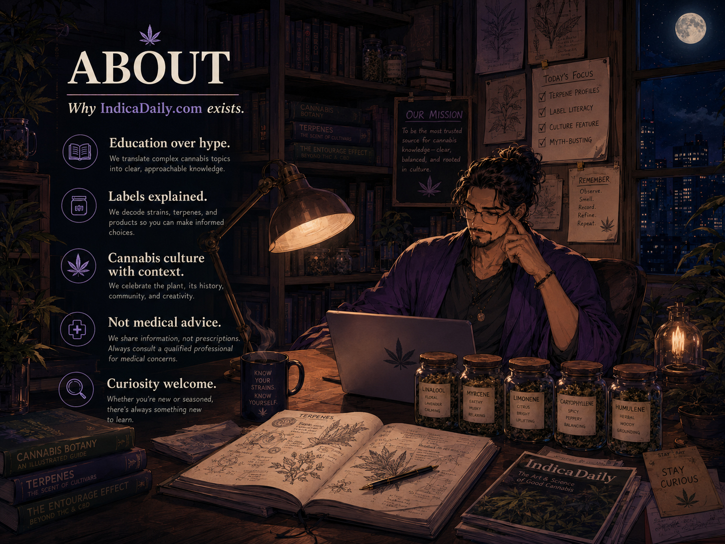 IndicaDaily nighttime editorial room with cannabis education notes, books, jars, terpene charts, and a moonlit city window.
