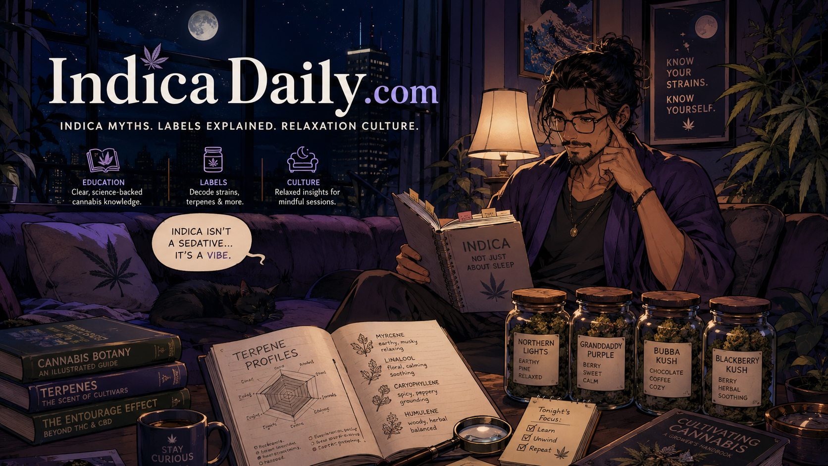 Manga-style cozy nighttime IndicaDaily cannabis education room with books, labeled jars, terpene notes, and a calm city night scene.
