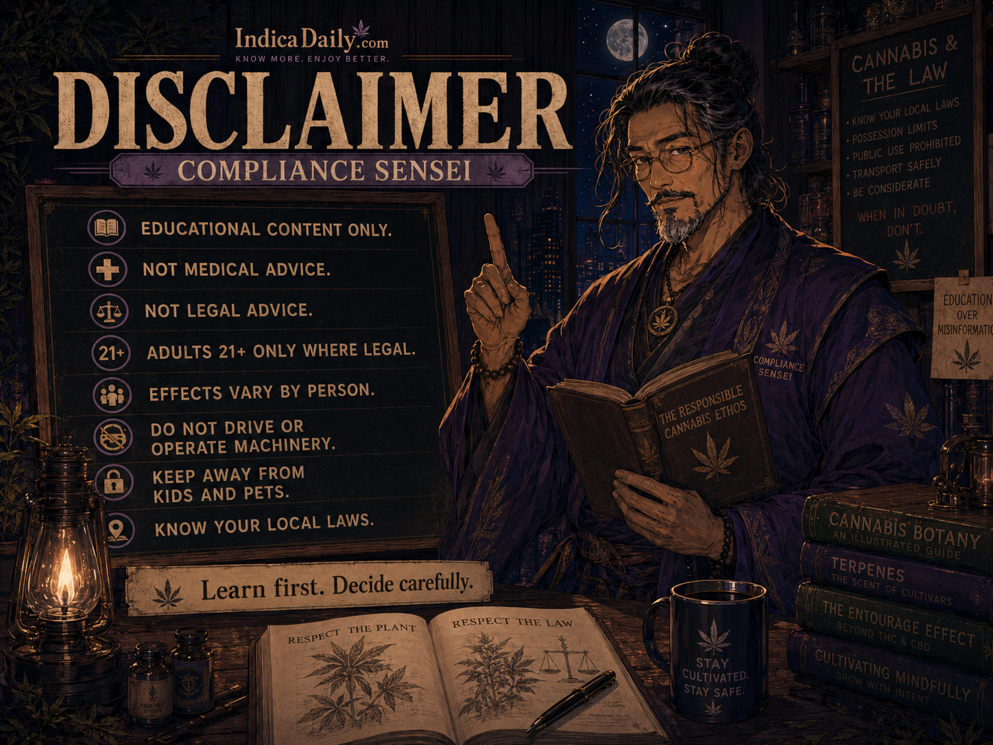 Compliance Sensei disclaimer poster in a nighttime study with cannabis education rules.