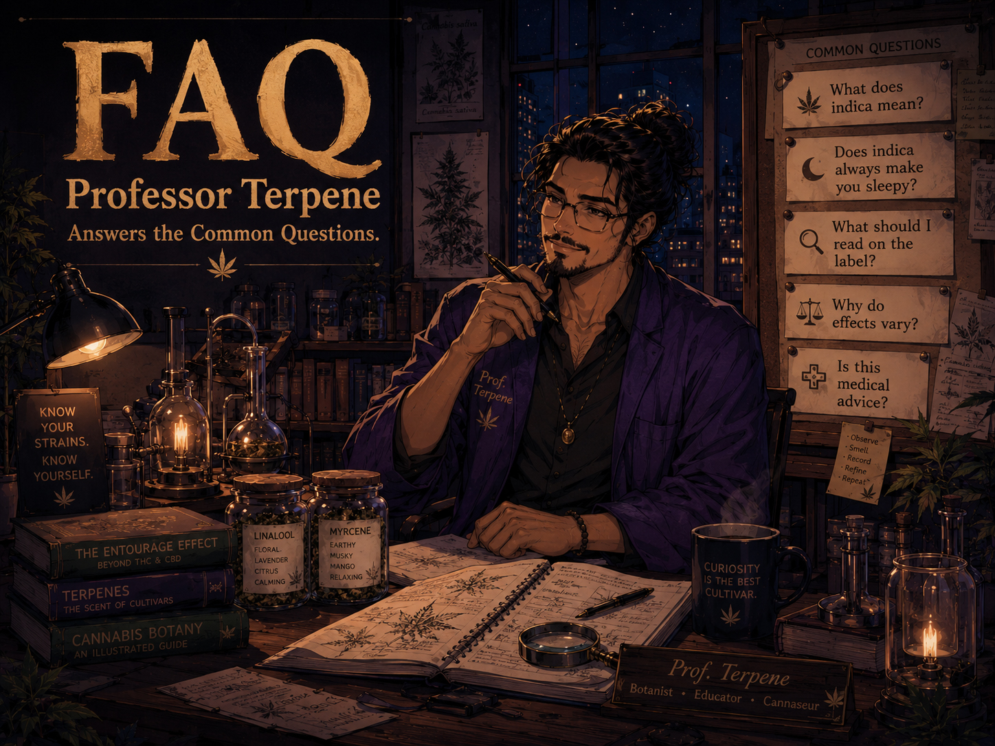 Professor Terpene seated at a desk answering cannabis label and indica myth questions in a cozy nighttime study.