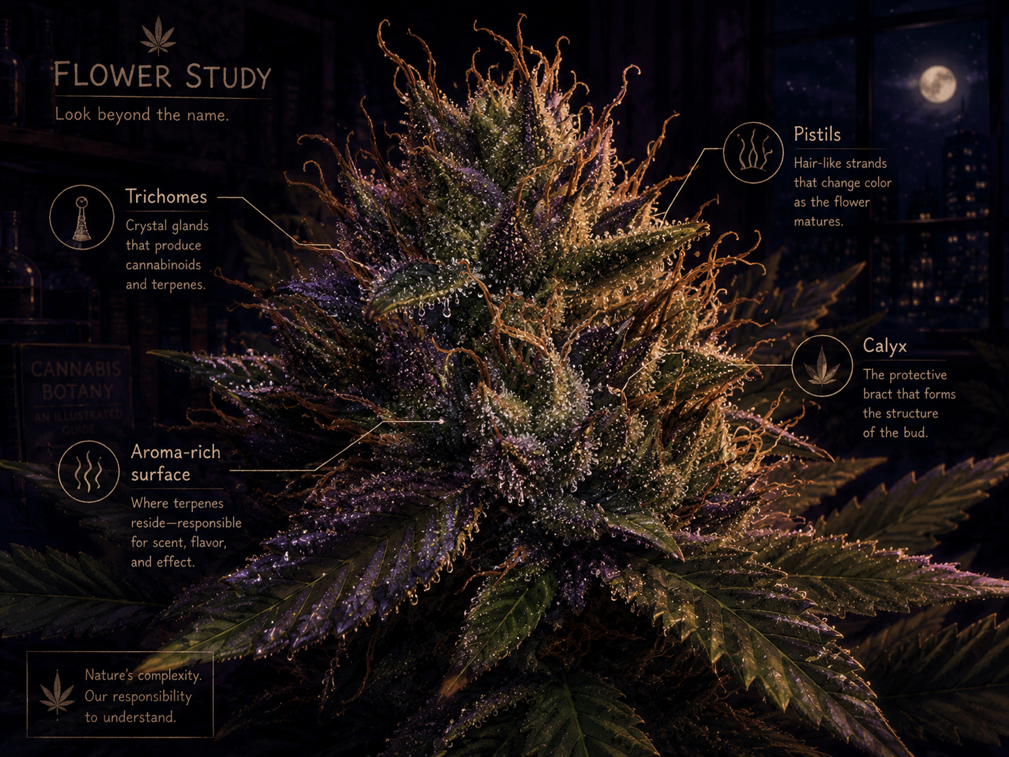 Cannabis flower close-up with anatomy labels.