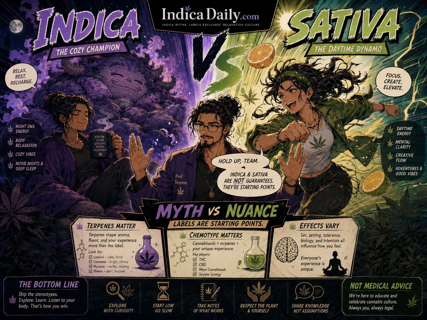 Indica versus sativa manga battle panel.