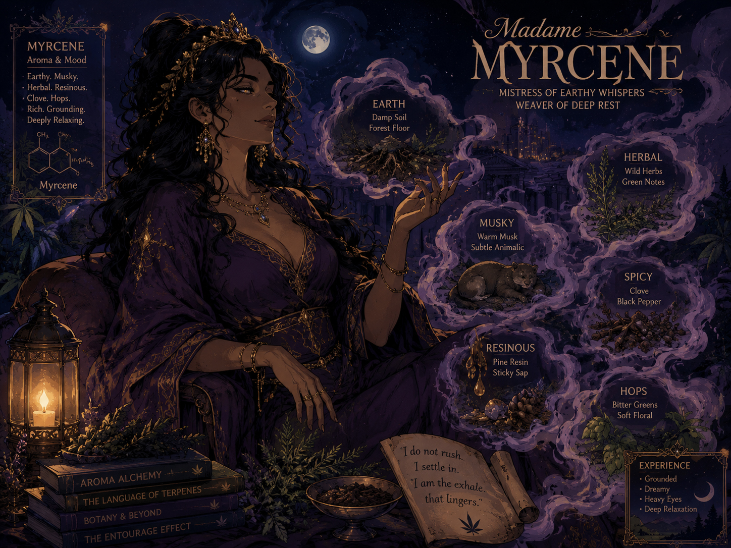 Madame Myrcene surrounded by earthy aromatic clouds.