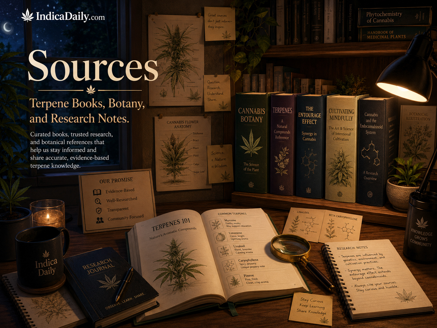 Sources library with terpene books and cannabis botany notes.