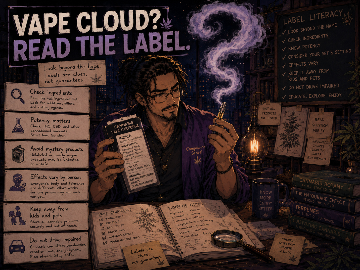 IndicaDaily vape cloud label warning poster with Compliance Sensei reading vape package details.